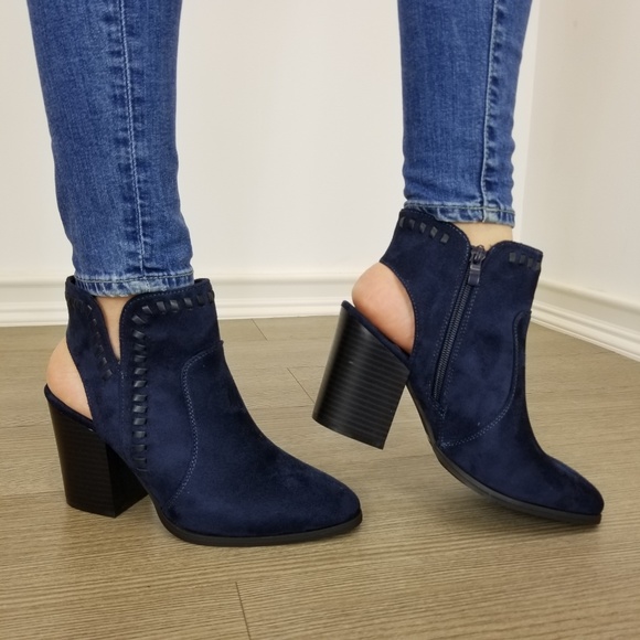 Pointy Toe Navy  Suede Ankle Boots With Sling Back - Picture 2 of 8